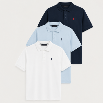 Lot de 3 Polos Homme Premium – Bleu Clair, Bleu Marine & Blanc.