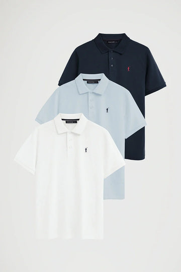 Men’s 3-pack polo shirts in light blue, navy blue and white with short sleeves and Rigby Go embroidery