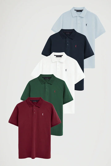 Lot de 5 polos pour hommes en bleu clair, bleu marine, blanc, vert bouteille et marron avec manches courtes et broderie Rigby Go